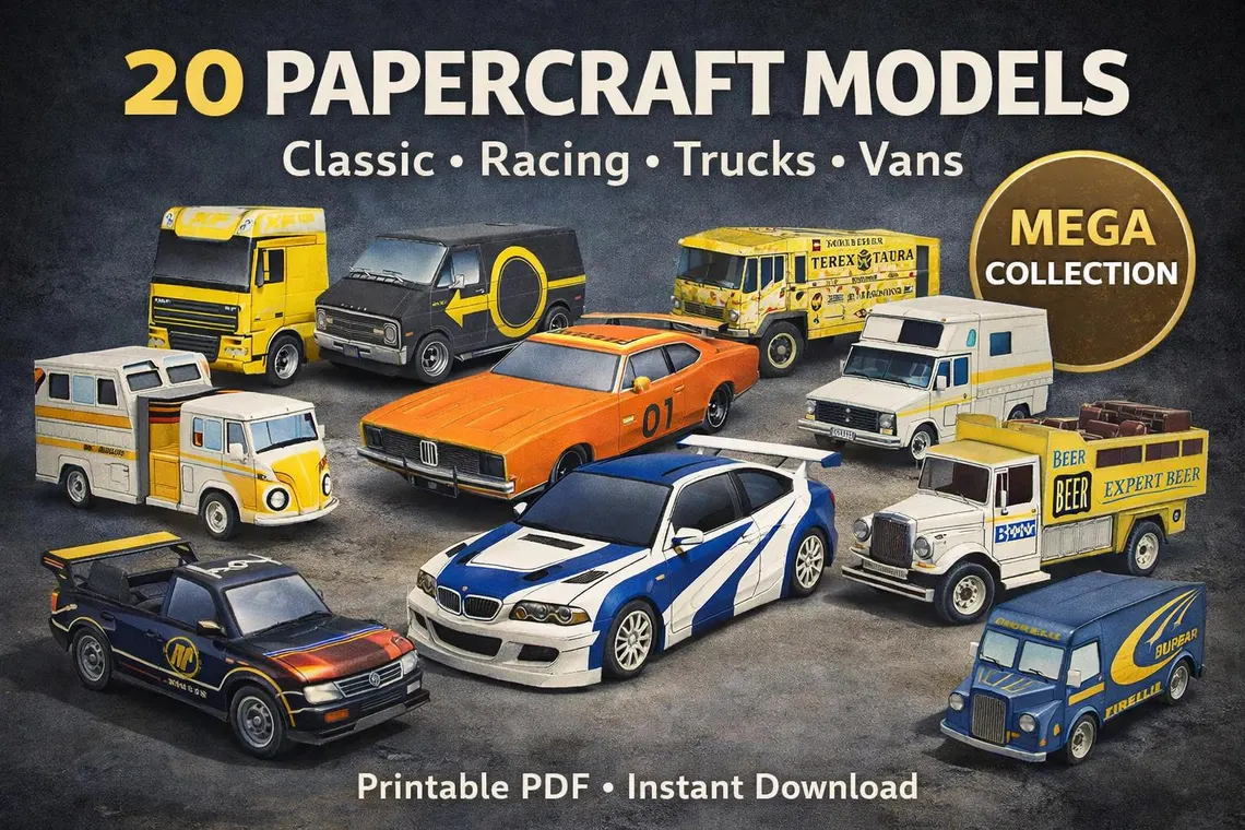 20 Car Papercraft Models Bundle | Printable PDF Vehicles | Classic, Racing & Utility Cars | DIY Paper Models | Instant Download