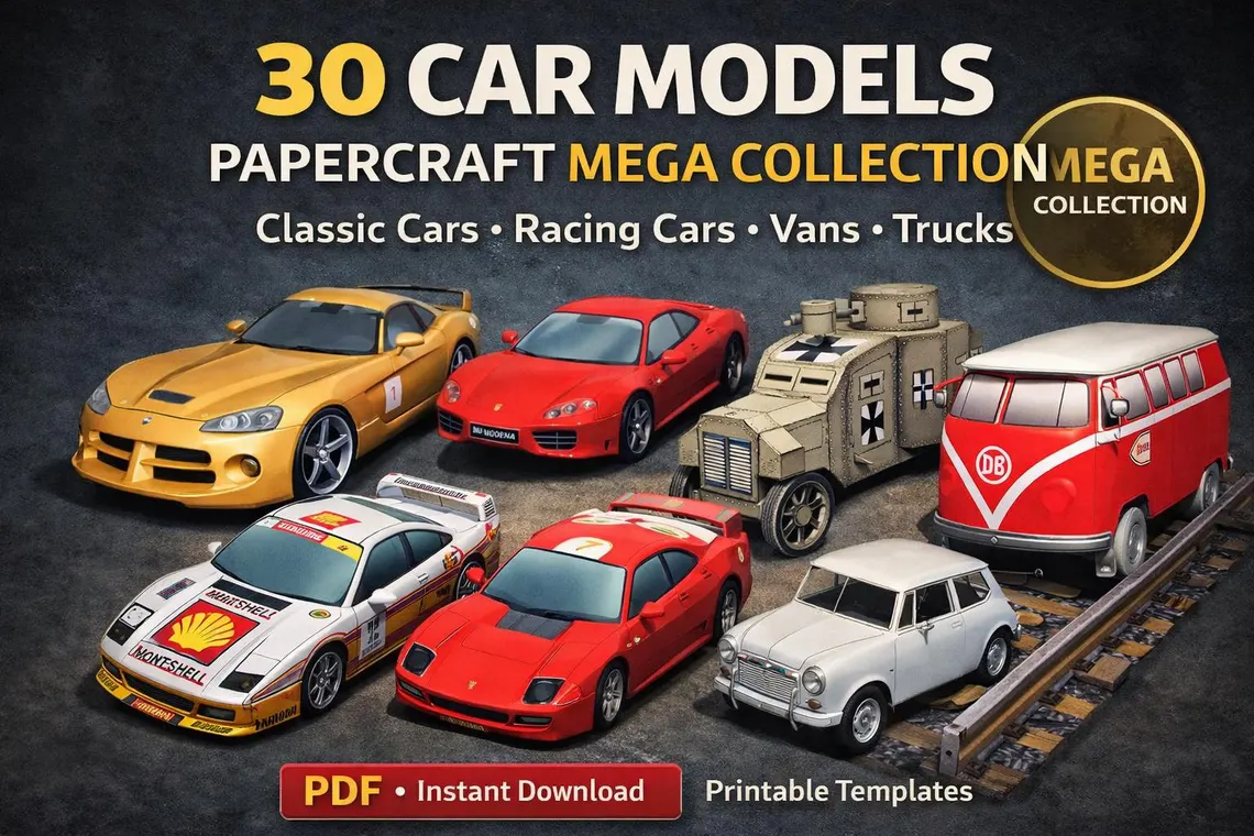 30 Car Papercraft Models Bundle | Classic, Sports & Racing Cars | Printable PDF | DIY Paper Models | Instant Download